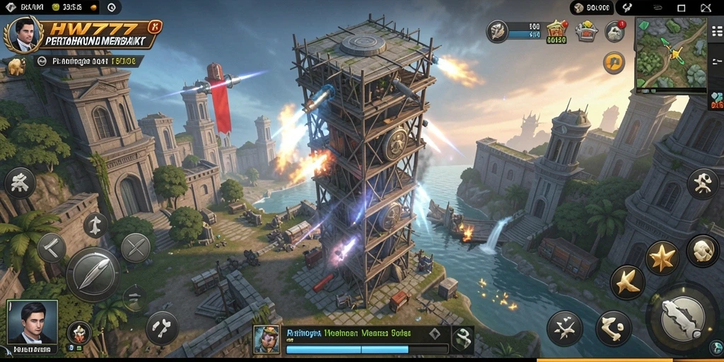 Screenshot gameplay menunjukkan pertahanan menara yang kokoh di HW777.
