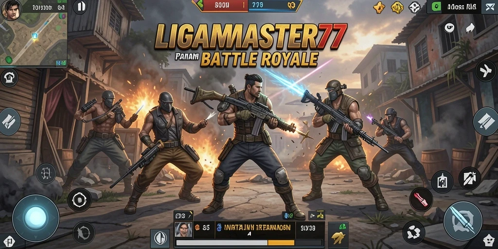 Tangkapan layar gameplay LIGAMASTER77 yang menunjukkan pertarungan seru di arena Battle Royale.