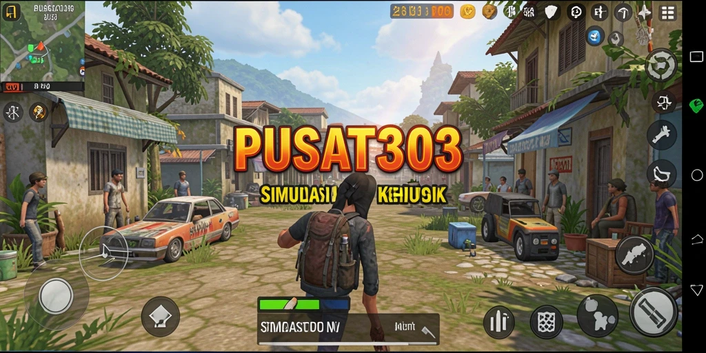 Screenshot utama gameplay PUSAT303 yang menunjukkan simulasi kehidupan yang dinamis.