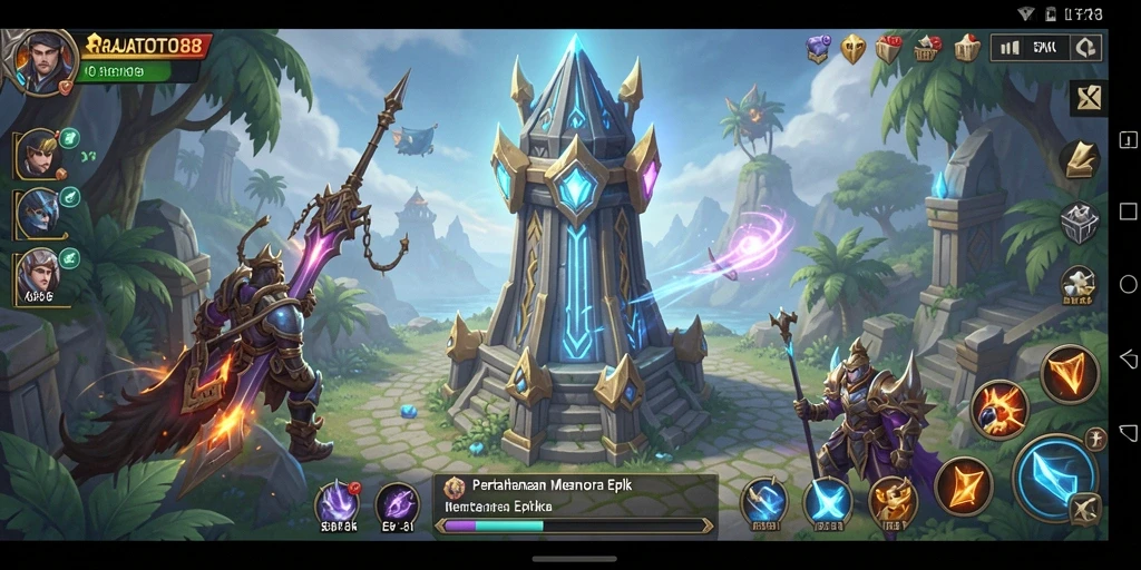 Tampilan gameplay menarik RAJATOTO88 dengan menara dan musuh yang dinamis.